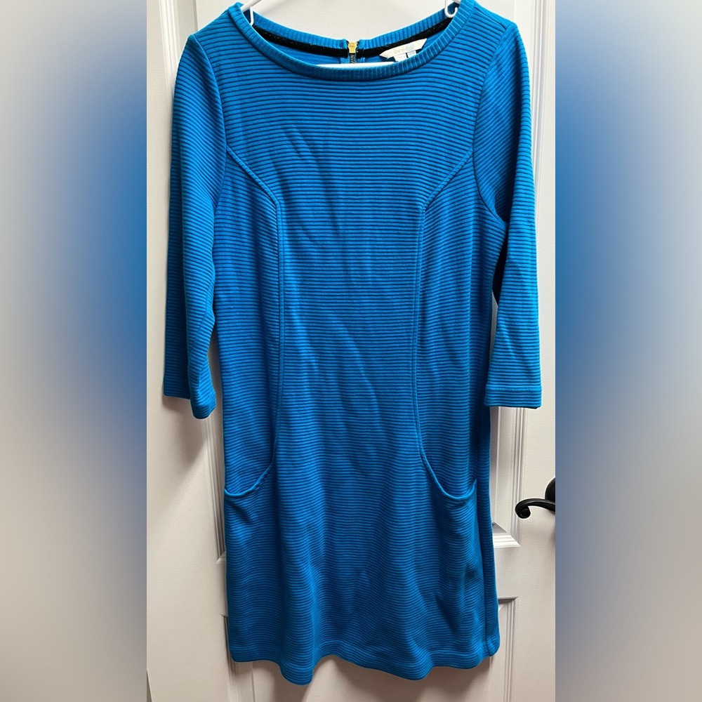 Boden Blue Ribbed Knit Shift Dress US 10 UK 14 100% Cotton Pockets